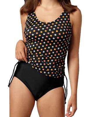 TANKINI mit RAFFUNG schwarz-orange-koralle-taupe PUNKTE GR.36 oder 38 CUP B NEU - Bild 1 von 3