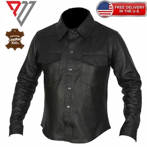 Men's Genuine Lambskin Soft Black Leather Slim Fit Full Sleeve Button Shirt - Picture 1 of 3