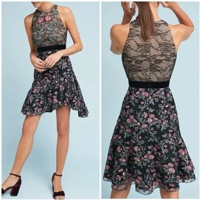 Anthropologie ML Monique Lhuillier Embroidered Lace Dress Size 14W Black Floral - Image 1 of 4
