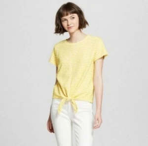 A New Day Short Sleeve Top Womens Size Medium Yellow And White Striped Tie Front - Picture 1 of 8