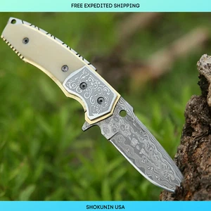 SHOKUNIN USA Forged Damascus Pocket Knife  Liner Lock Bone Handle With Sheath - Picture 1 of 7