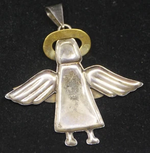 VINTAGE STERLING SILVER ANGEL FIGURAL PENDANT w GOLD TONED WINGS & HALO, 2 INCH - Picture 1 of 2