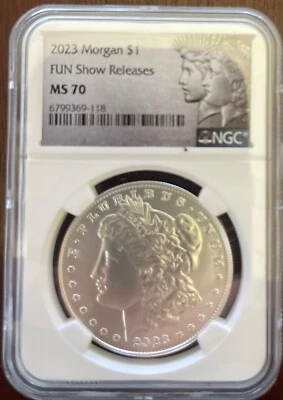 2023 NGC MS 70 Morgan Silver Dollar Coin in EXTREMELY RARE Fun Show Releases - Image 1 of 2