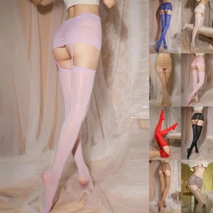 Women Oil Shiny Glossy Lace Stay Up Thigh-High Hosiery/Stockings Garter Belt - Picture 1 of 27