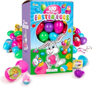 100pk Prefilled Easter Eggs with Toys Slap Bracelets Stickers Rings for Kids - Picture 1 of 8