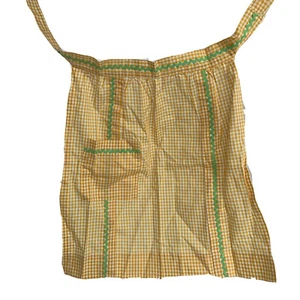 Handmade Half Apron Gingham Mint Green Rickrack Pockets Embroidered 19” Vintage - Picture 1 of 9