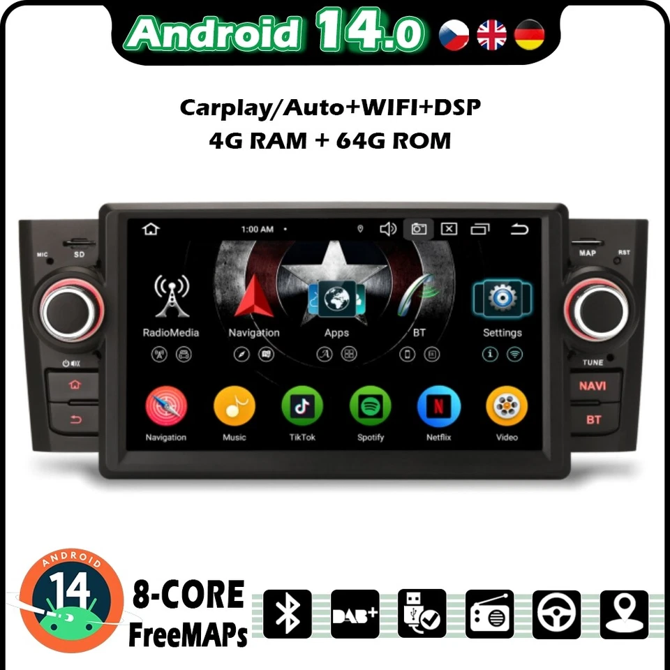 64GB Android 14 Autoradio Carplay GPS Radio Touchscreen Fiat Linea Grande Punto - Bild 1 von 4