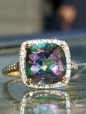 Mystic Topaz Labcreated Cushion Cut & Diam Ring 10kt Solid Yellow Gold  - Image 1 of 4