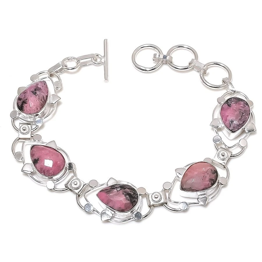 Natural Rhodonite Gemstone Handmade 925 Sterling Silver Bracelet Size 7-8" - Image 1 of 1
