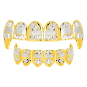 Men's Vampire Fangs Gold Plated Diamond Cut Top Bottom Teeth Grillz LS020-C3-G - Picture 1 of 4