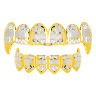 Colmillos de vampiro para hombre enchapados en oro corte diamante parte superior inferior dientes parrilla LS020-C3-G Foto 1 de 4