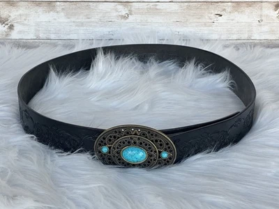 Cinturón de cuero genuino Fossil mediano en relieve negro con latón antiguo turquesa Foto 1 de 4