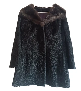 VTG Abmoor Faux Fur coat black curly Persian Lamb Union Label 1960 60s size L XL - Picture 1 of 10