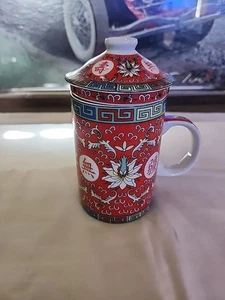 Tazza cinese longevità orientale coperchio infusore loto rosso 10 oz design tradizionale B9 - Foto 1 di 10