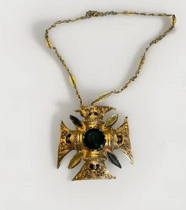 Vintage Florenza Green Blue glass stone Maltese Cross Brooch Necklace Gold - Bild 1 von 10