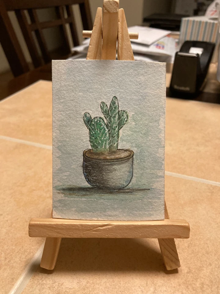 ACEO оригинальная художественная картина миниатюрная карта мини горшок кактус растение - Изображение 1 из 1
