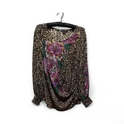 INC International Concepts 2X Leopard Floral Rhinestone Blouse Top Sheer LSleeve - Image 1 of 4