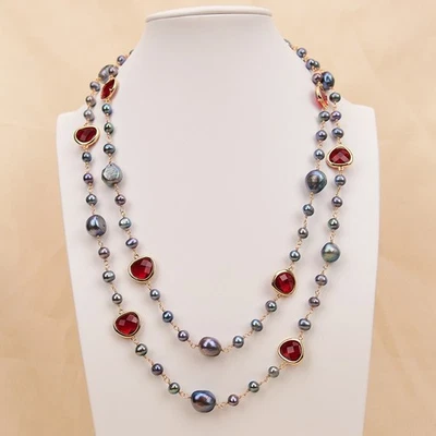 44" Natural Pearl Black Baroque Keshi Pearl Red Crystal Connector Long Necklace - Image 1 of 4