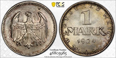 1924-A Germany 1 Mark PCGS MS65 Lot#G4848 Silver! Gem BU! J-311 Cover