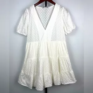 Zara White 100% Cotton Openwork Eyelet Embroidered V Neck Tiered Ruffle Dress M - Picture 1 of 5