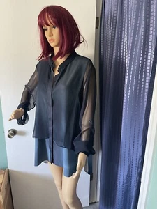 ELIE TAHARI Silk Blouse Blue Black XL - Picture 1 of 11