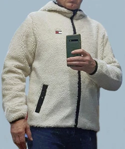Tommy Jeans Fleece Teddyfell Jacke Übergang Frühjahr Hoodie Kapuze Beige Top Neu - Bild 1 von 3