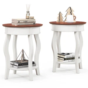 2PCS 2-Tier Round End Table 17.5" Side Table with Storage Shelf White & Walnut - Picture 1 of 8