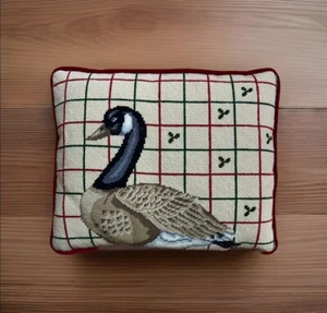 Vintage Handmade Tapestry Throw Pillow Christmas Goose Velvet Backing 12” x 15” - Picture 1 of 3