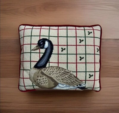Vintage Handmade Tapestry Throw Pillow Christmas Goose Velvet Backing 12” x 15” - Image 1 of 3