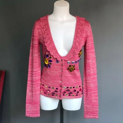 Кардиган Dolce & Gabbana D&G серебристый и розовый шерстяной со стеклянными стразами аппликация 40 - Изображение 1 из 4