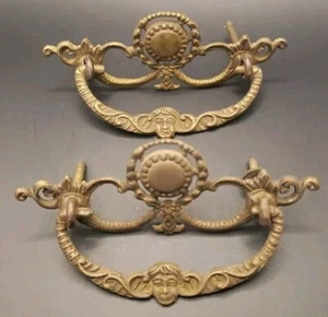 Pair Antique Human Face Bail Drawer Pulls 5" x 2-1/2" New Old Stock Lot 118 - Picture 1 of 8