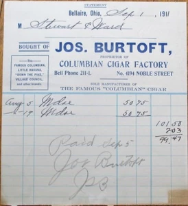Carta intestata Bellaire, OH 1911: Burtoft Columbian Cigar Factory - Ohio - stampa blu - Foto 1 di 1