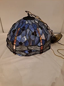 Large Dragonfly Blue Stained Glass Lamp Shade Vintage Tiffany Style - Picture 1 of 3