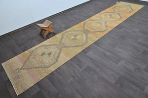 Vintage Turkish Runner Rug 3x14ft Wool Anatolian Handmade Hallway Oushak BEIGE - Picture 1 of 10