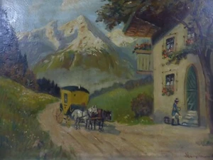 Calle con carruaje postal en paisaje alpino pintura al óleo poco clara firmada - Imagen 1 de 10