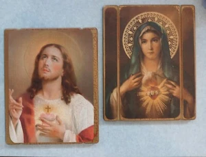 Sacred Heart Jesus Immaculate Heart Mary 2pc Picture Plaque 10x8 Wood - Picture 1 of 2