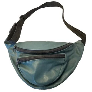 Vintage 1980s 90s Fanny Pack Bluish Green 3 Pocket Departments Faux Leather - Picture 1 of 6