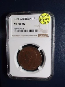 1921 Great Britain One Penny NGC AU58 BN 1P Coin BUY IT NOW! - Picture 1 of 4