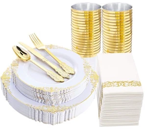 Nervure 175PCS White and Gold Plastic Plates - Disposable Dinnerware Set Incl... - Picture 1 of 8
