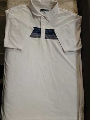 Pebble Beach Dry-Luxe Performance XL White Blue Stripe Polo Golf Shirt - Image 1 of 4