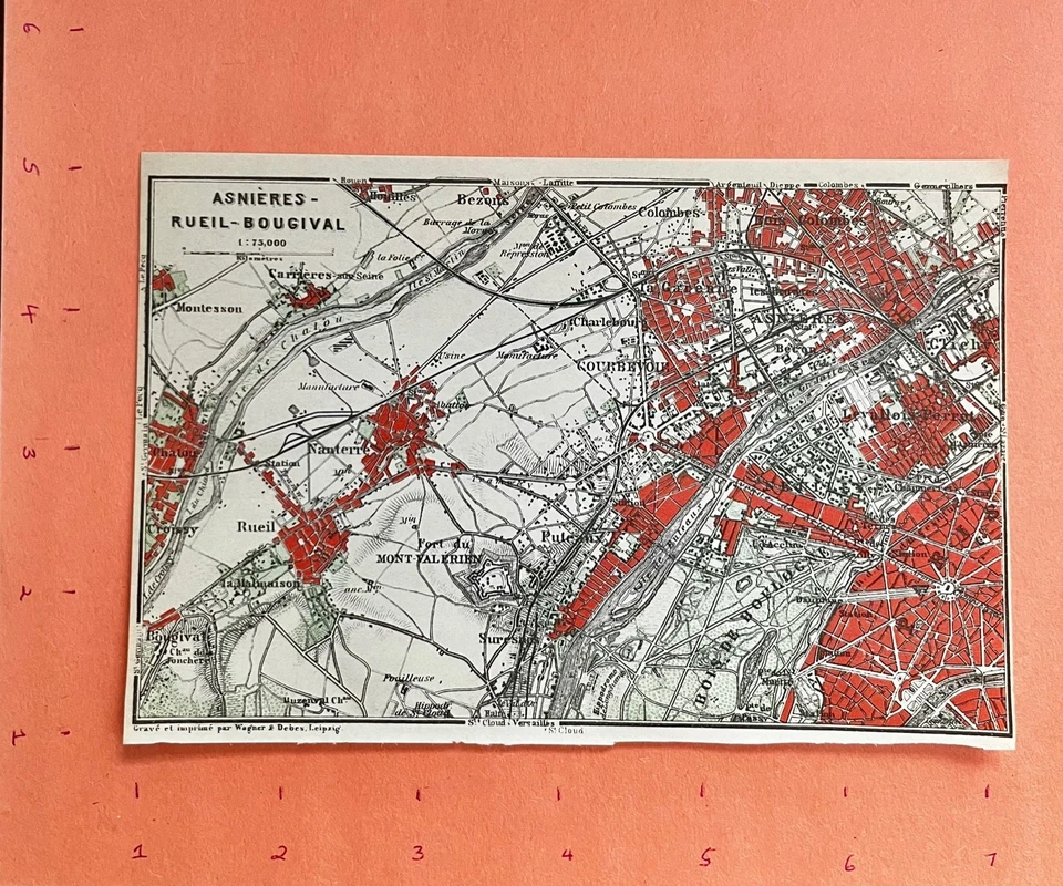 Mapa antiguo de París Asnieres Rueil-Bougival 1924 original Wagner & Debes vintage Foto 1 de 1