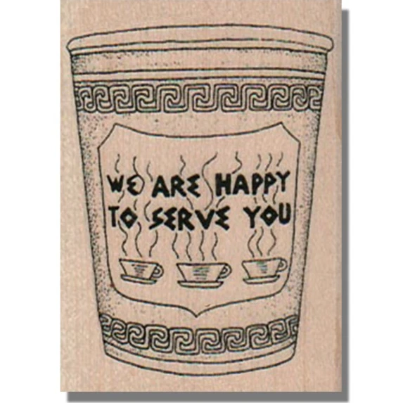 Sello de goma montado, taza de café de papel We Are Happy, comida de té bebida para llevar Foto 1 de 2