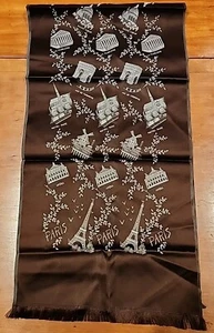 Vintage PARIS Landmarks Scarf Table Runner Brown & Silver Woven Silk 48" x 12"  - Picture 1 of 7