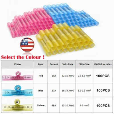 100PC Assorted Heat Shrink Wire Butt Connectors Crimp Terminal Kit Waterproof US - Image 1 of 4