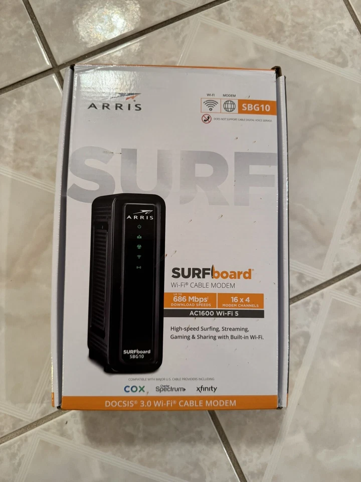 ARRIS SURFboard SBG10 DOCSIS 3.0 16 x 4 Gigabit Cable Modem & AC1600 Wi-Fi 5 G2 - Image 1 of 2
