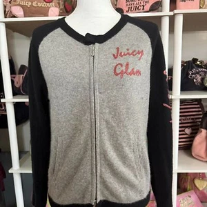 Y2K Juicy Couture “Juicy Glam” Grey & Black 100% Cashmere Cardigan - Picture 1 of 7
