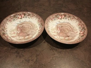 SET OF 2 ROYAL STAFFORD THANKSGIVING TURKEY PATTERN BOWLS - 7" - Picture 1 of 5