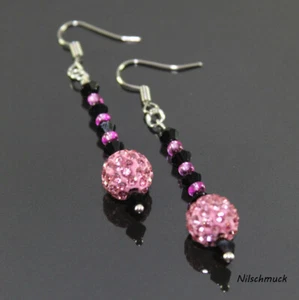 Damen Disco Zircon Kristall Hängeohrring Ohrring mit Bicone Glasperlen pink - Bild 1 von 1