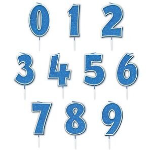 0 - 9 Number Birthday Candle Age Anniversary Glitter Cake Cupcake Topper Blue