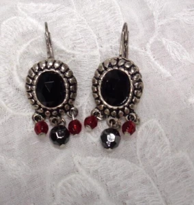 Estate Jewelry ~ Silvertone Black Center Red Bead Dangle Hinged Pierced Earrings - Picture 1 of 6